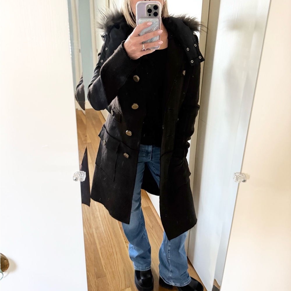 NWT Touch Tough Tacky 100% Wool Trench Coat w/ Gold Buttons & Fur Hood $485 - Picture 8 of 16